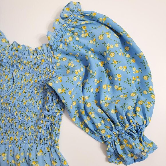 Faithfull The Brand Charlotte Mini Dress 6 Smocked Blue Ditsy Floral Puf… - Picture 10 of 14